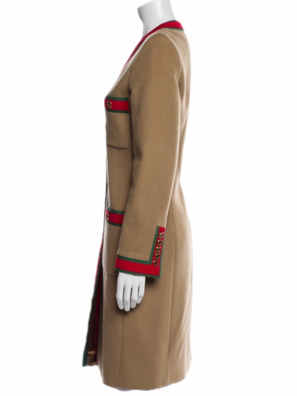 Gucci Camel Beige Wool Long Coat with Green Red Webbing GG Buttons IT 38 XS/S - Picture 7 of 11